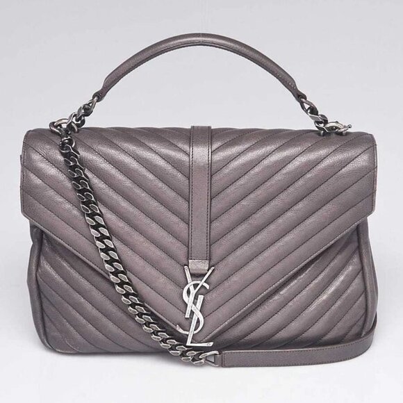 Yves Saint Laurent Grey Chevron Quilted Calfskin Leather Monogram - Picture 1 of 12